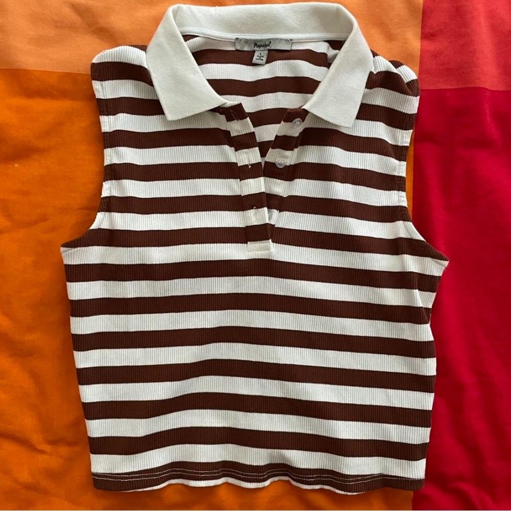 Brown and White Striped Collared Crop Top